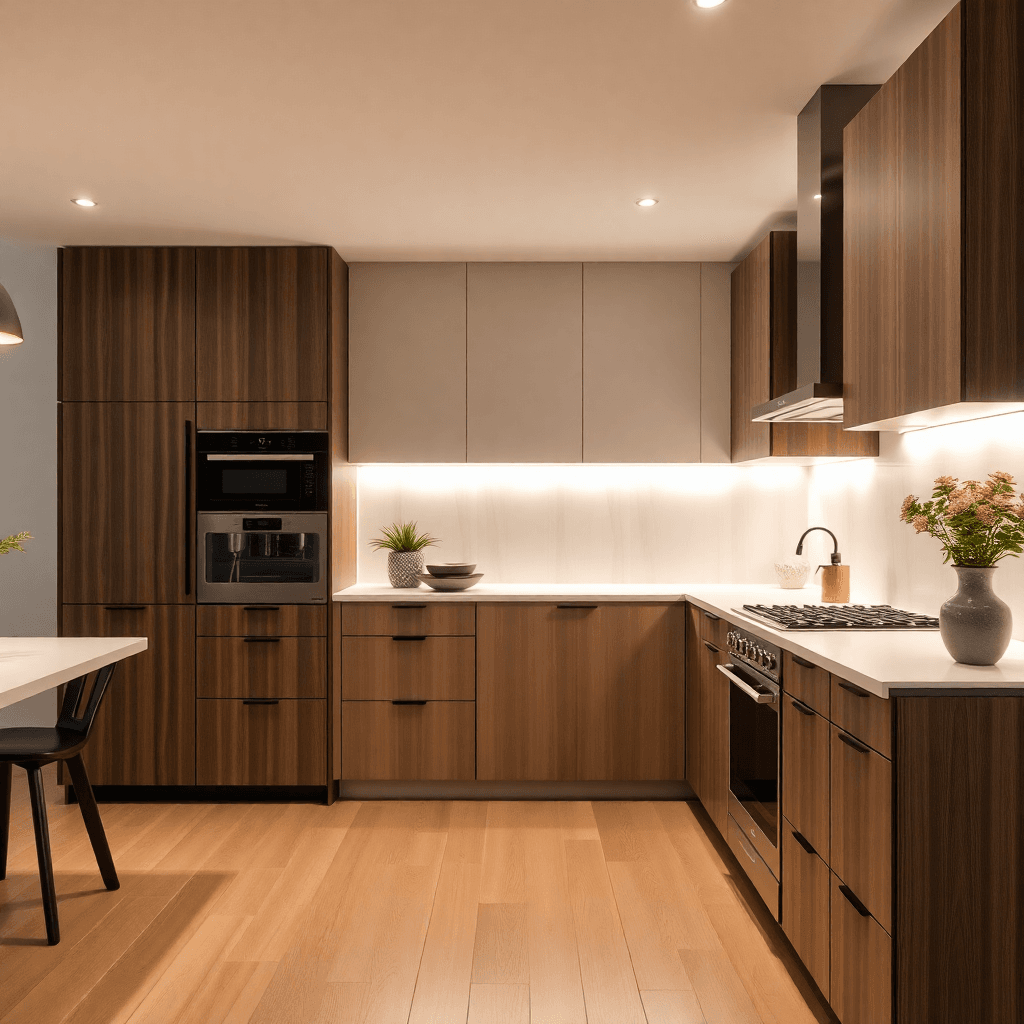 Modern kitchen with integrated AMBLUX cabinet lighting